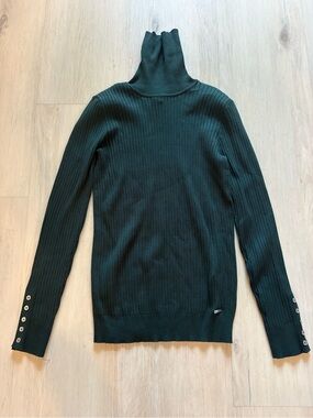 Calvin Klein Ribbed Dark Green Turtleneck Sweater with Button Cuff Detail